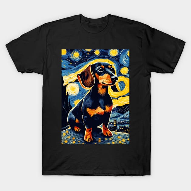 Cute Dachshund Dog Breed in a Van Gogh Starry Night Art Style T-Shirt by Art-Jiyuu